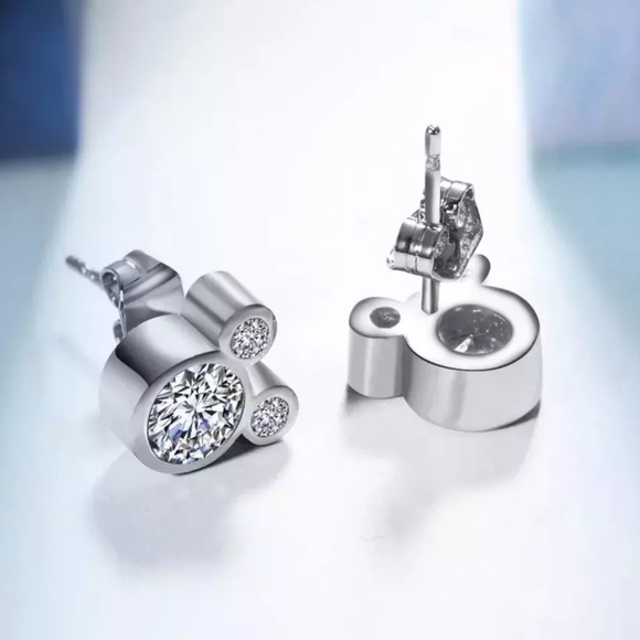 MINI MICKEY CRYSTAL Cubic Zirconia Diamond SILVER Stud Earrings GIFT Box - Picture 5 of 7